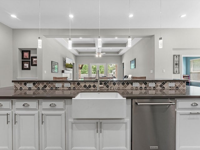 3466 Oakheath Manor Way, Houston, TX 77365 - kitchen with dishwasher, a sink, dark countertops, recessed lighting, and beam ceiling