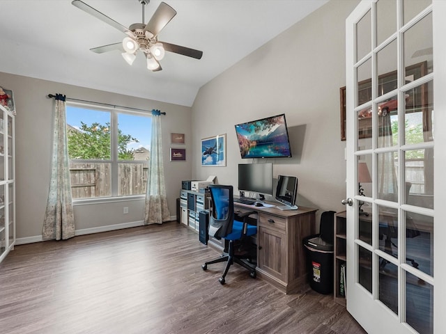 3466 Oakheath Manor Way, Houston, TX 77365 - office space featuring vaulted ceiling, dark wood-style flooring, ceiling fan, baseboards, and french doors