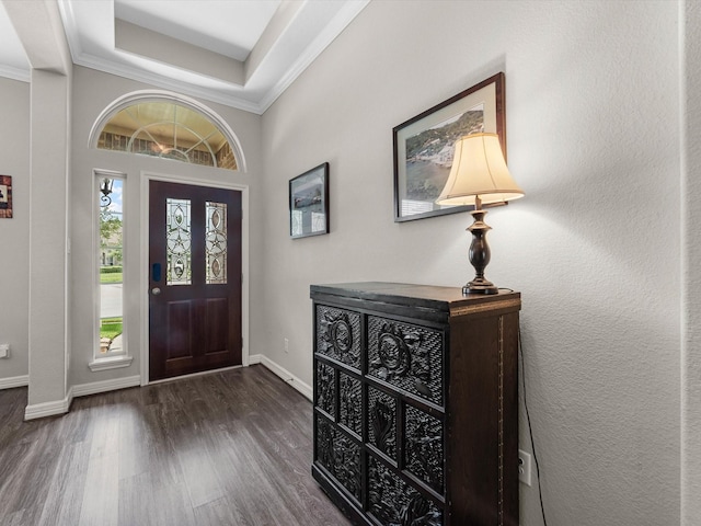 3466 Oakheath Manor Way, Houston, TX 77365 - entrance foyer with wood finished floors, baseboards, ornamental molding, and a tray ceiling
