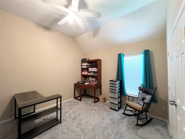 11 Crestview Trl, Houston, TX 77082 - sitting room with ceiling fan, carpet flooring, lofted ceiling, and baseboards