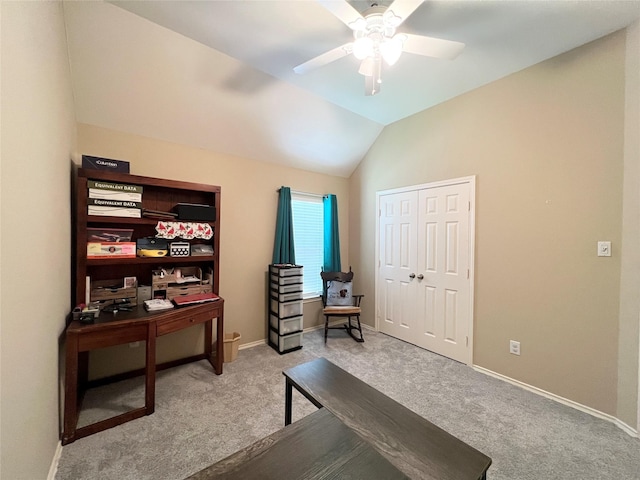 11 Crestview Trl, Houston, TX 77082 - home office featuring a ceiling fan, light colored carpet, baseboards, and vaulted ceiling
