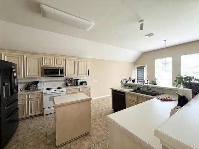 11 Crestview Trl, Houston, TX 77082 - kitchen with black appliances, a sink, vaulted ceiling, a center island, and decorative backsplash