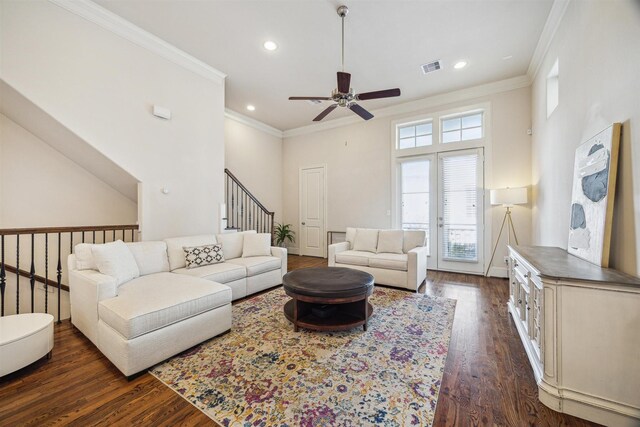 2713 Cohn Gdn, Houston, TX 77007 - living room with a ceiling fan, crown molding, dark wood finished floors, recessed lighting, and stairway