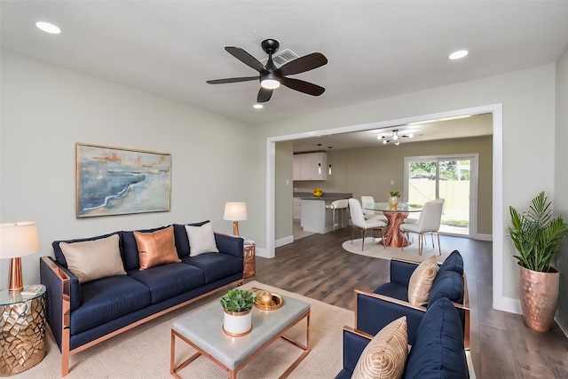 5906 Melanite Ave, Houston, TX 77053 - living area with wood finished floors, baseboards, a ceiling fan, and recessed lighting