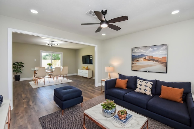 5906 Melanite Ave, Houston, TX 77053 - living room featuring dark wood-style flooring, a ceiling fan, baseboards, and recessed lighting
