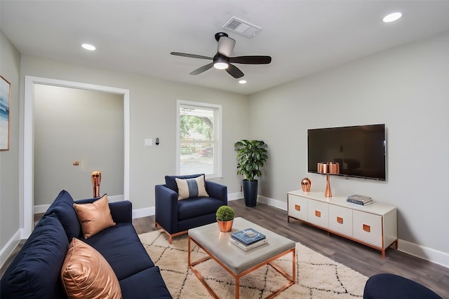 5906 Melanite Ave, Houston, TX 77053 - living room featuring a ceiling fan, recessed lighting, wood finished floors, and baseboards