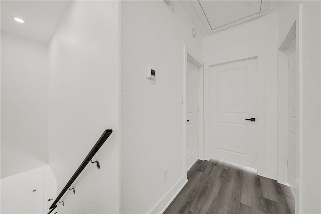4404 Bond St, Houston, TX 77026 - corridor with dark wood finished floors, recessed lighting, attic access, and an upstairs landing