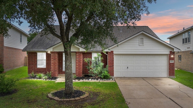 16310 Autumn Leigh Dr, Houston, TX 77083 - view of front facade featuring roof with shingles, a garage, concrete driveway, a front lawn, and brick siding