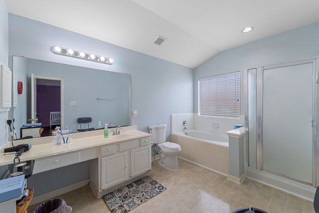 16310 Autumn Leigh Dr, Houston, TX 77083 - full bath featuring vaulted ceiling, a bath, a shower stall, vanity, and toilet