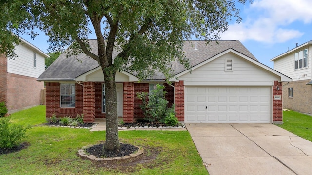 16310 Autumn Leigh Dr, Houston, TX 77083 - view of front facade featuring a shingled roof, brick siding, concrete driveway, a front yard, and a garage