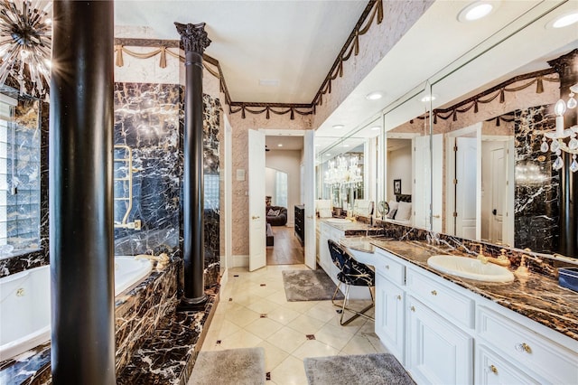5302 Val Verde St, Houston, TX 77056 - bathroom featuring vanity, a garden tub, ensuite bathroom, tile patterned floors, and recessed lighting
