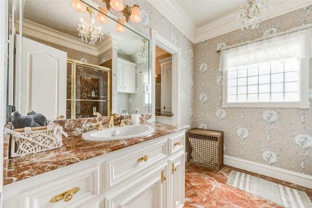 5302 Val Verde St, Houston, TX 77056 - bathroom featuring a chandelier, crown molding, vanity, a shower stall, and marble finish floors