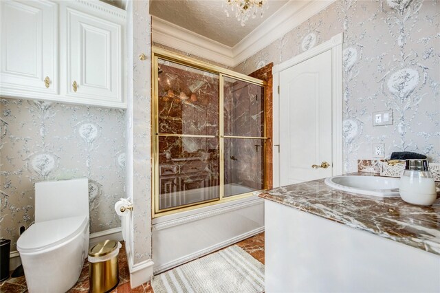 5302 Val Verde St, Houston, TX 77056 - bathroom featuring bath / shower combo with glass door, crown molding, vanity, toilet, and wallpapered walls