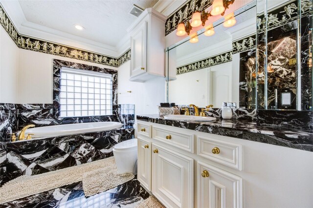 5302 Val Verde St, Houston, TX 77056 - full bath featuring marble tiled floors, vanity, crown molding, a garden tub, and toilet