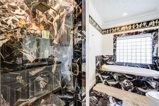 5302 Val Verde St, Houston, TX 77056 - bathroom with marble tiled floors, a bath, a marble finish shower, crown molding, and toilet
