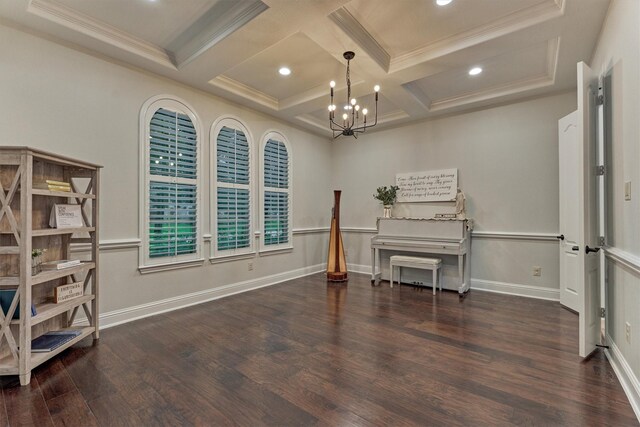 21603 Fairhaven Creek Dr, Cypress, TX 77433 - office area featuring coffered ceiling, a chandelier, wood finished floors, ornamental molding, and beamed ceiling