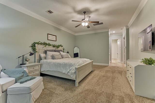 21603 Fairhaven Creek Dr, Cypress, TX 77433 - bedroom featuring light colored carpet, crown molding, a ceiling fan, and baseboards