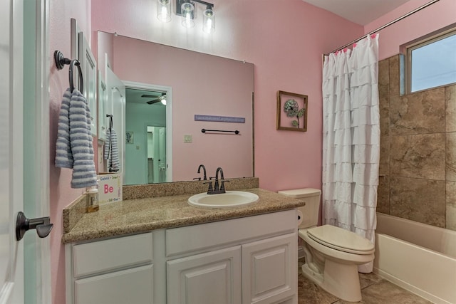 21603 Fairhaven Creek Dr, Cypress, TX 77433 - bathroom with toilet, vanity, shower / bath combination with curtain, a ceiling fan, and tile patterned flooring