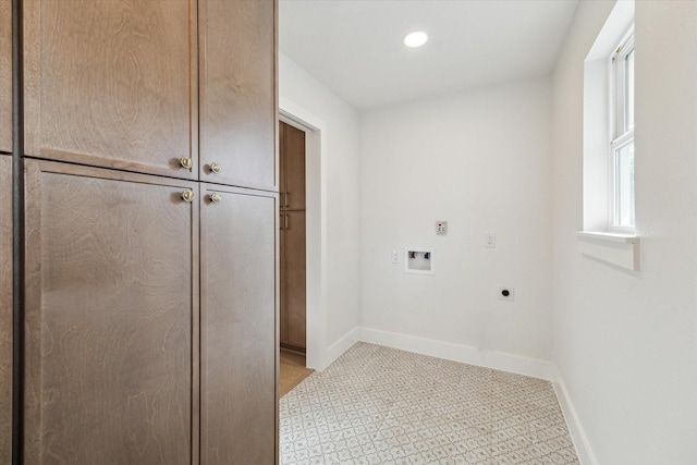4411 Colchester St, Houston, TX 77018 - laundry area featuring cabinet space, electric dryer hookup, washer hookup, baseboards, and recessed lighting