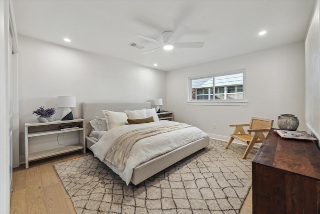 4411 Colchester St, Houston, TX 77018 - bedroom with light wood-style floors, a ceiling fan, and recessed lighting