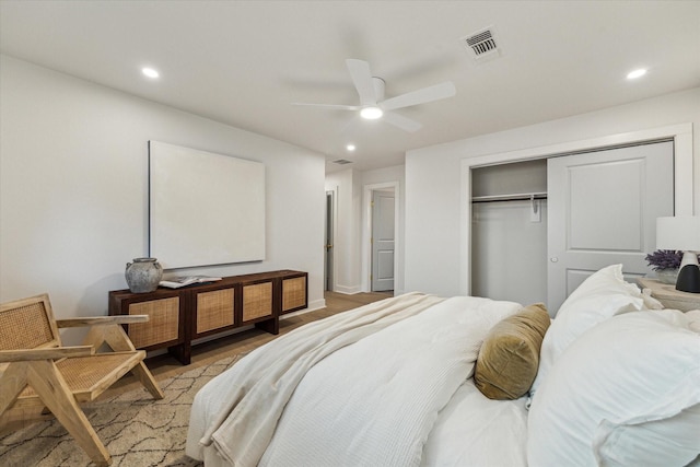 4411 Colchester St, Houston, TX 77018 - bedroom featuring a closet, recessed lighting, light wood finished floors, and a ceiling fan