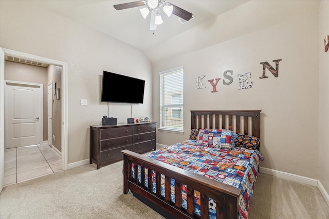 4914 Mountain Maple Trl, Rosenberg, TX 77471 - bedroom with carpet, baseboards, lofted ceiling, and ceiling fan