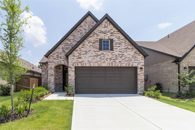 7334 Lake Arrowhead Ln, Porter, TX 77365 - french country home featuring concrete driveway, a garage, and brick siding