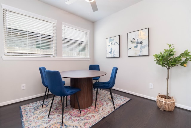 7334 Lake Arrowhead Ln, Porter, TX 77365 - dining room featuring ceiling fan, baseboards, and dark wood finished floors