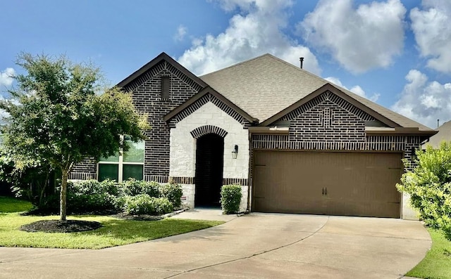 1007 Parsnip Acres Ct, Richmond, TX 77406 - french provincial home with driveway, an attached garage, a shingled roof, and stone siding