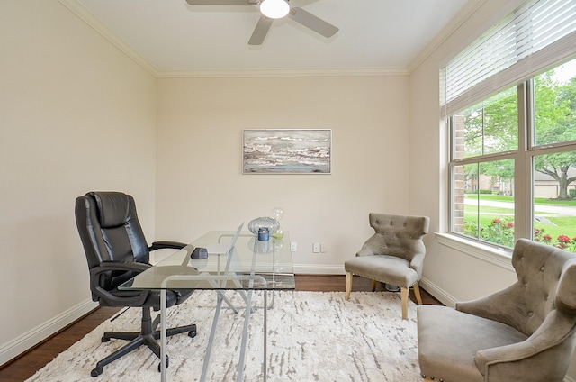 4511 Wickby St, Fulshear, TX 77441 - office space featuring wood finished floors, ornamental molding, and a ceiling fan
