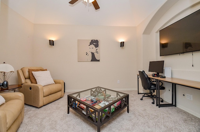 4511 Wickby St, Fulshear, TX 77441 - home office featuring light carpet, ceiling fan, and arched walkways