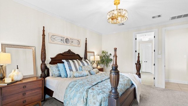4511 Wickby St, Fulshear, TX 77441 - tiled bedroom with a chandelier, carpet, and crown molding
