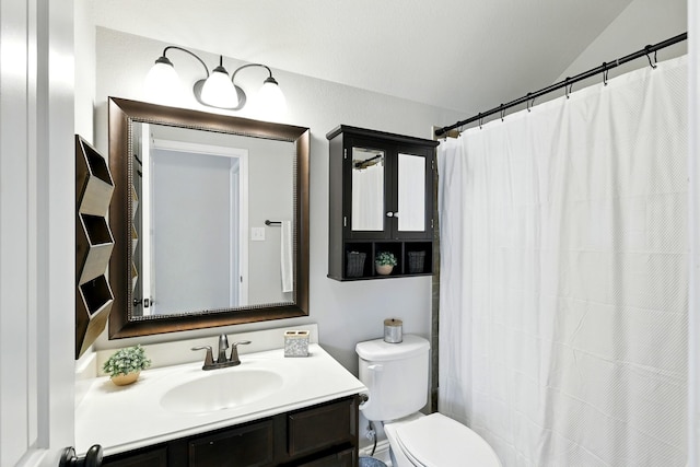 27727 Gracefield Ln, Fulshear, TX 77441 - full bathroom with vanity, toilet, vaulted ceiling, and a shower with shower curtain