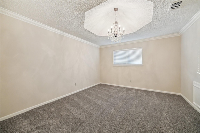 5718 Glenmere Ln, Spring, TX 77379 - empty room featuring a chandelier, a textured ceiling, carpet, crown molding, and baseboards