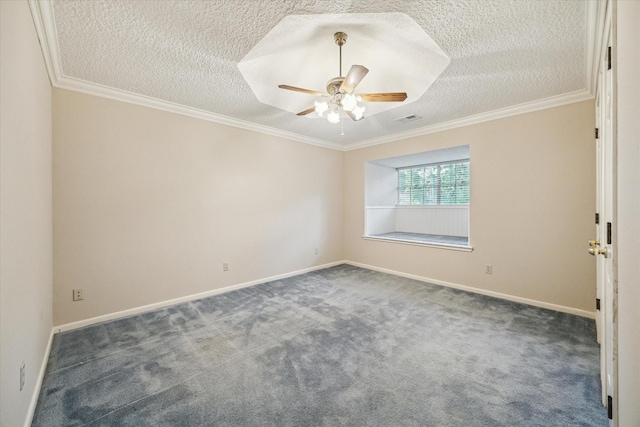 5718 Glenmere Ln, Spring, TX 77379 - unfurnished room featuring a textured ceiling, crown molding, carpet flooring, a ceiling fan, and baseboards