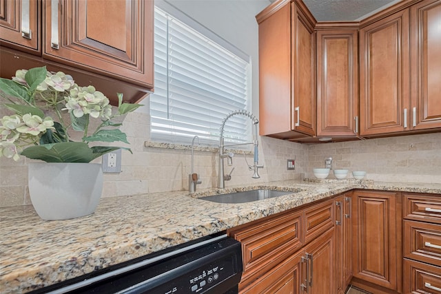 5722 Henniker Dr, Houston, TX 77041 - kitchen featuring black dishwasher, a sink, brown cabinets, and backsplash