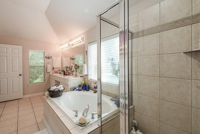 2 Camborn Pl, The Woodlands, TX 77384 - full bathroom with a garden tub, vaulted ceiling, vanity, a shower stall, and tile patterned flooring