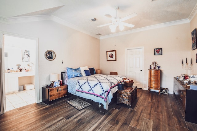 2 Camborn Pl, The Woodlands, TX 77384 - bedroom with dark wood finished floors, crown molding, ensuite bath, a ceiling fan, and lofted ceiling