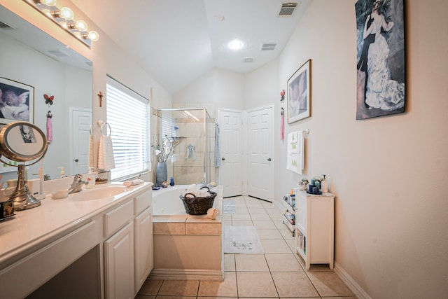 2 Camborn Pl, The Woodlands, TX 77384 - bathroom with a shower stall, vanity, a garden tub, lofted ceiling, and tile patterned floors