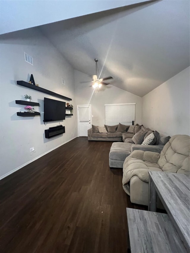 15466 Sicomoro Viejo St, Channelview, TX 77530 - living room featuring vaulted ceiling, wood finished floors, and a ceiling fan