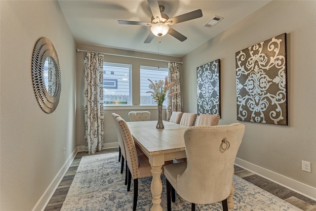 127 Kingsley Grove St, Montgomery, TX 77316 - dining area featuring dark wood-type flooring, baseboards, and a ceiling fan
