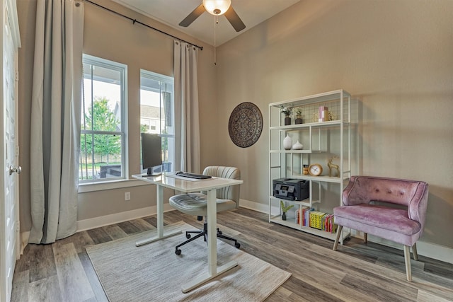127 Kingsley Grove St, Montgomery, TX 77316 - office featuring a ceiling fan, healthy amount of natural light, wood finished floors, and baseboards