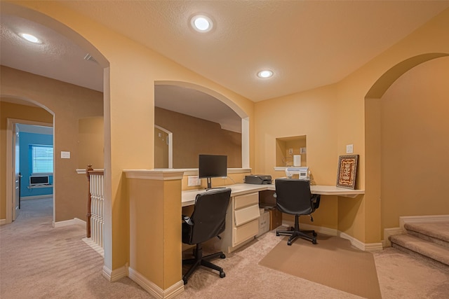 7207 Alder Springs Ct, Katy, TX 77494 - office area with light colored carpet, baseboards, built in study area, cooling unit, and recessed lighting