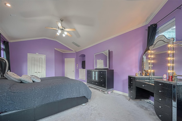 7207 Alder Springs Ct, Katy, TX 77494 - bedroom with carpet floors, lofted ceiling, ornamental molding, baseboards, and a ceiling fan