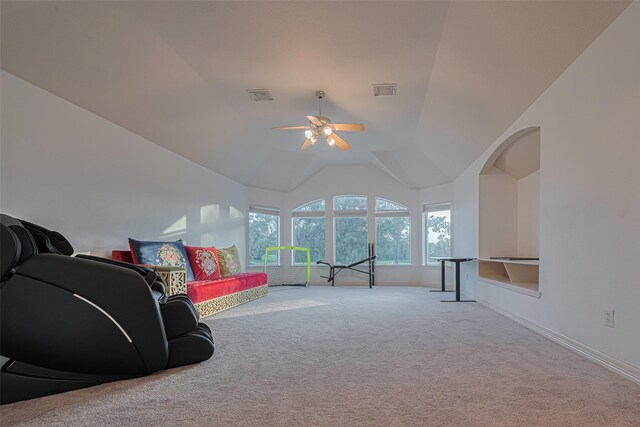 7207 Alder Springs Ct, Katy, TX 77494 - sitting room featuring carpet, ceiling fan, baseboards, and vaulted ceiling