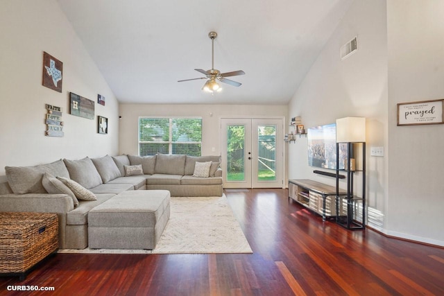 647 Cypresswood Trce, Spring, TX 77373 - living area featuring vaulted ceiling, wood finished floors, a ceiling fan, and french doors