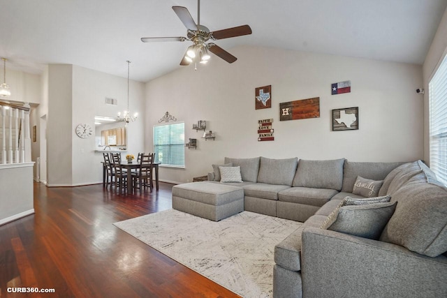 647 Cypresswood Trce, Spring, TX 77373 - living area with ceiling fan, dark wood-type flooring, a chandelier, high vaulted ceiling, and baseboards