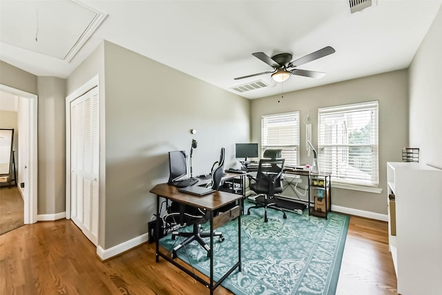 1513 Nagle St, Houston, TX 77003 - office featuring attic access, ceiling fan, and wood finished floors