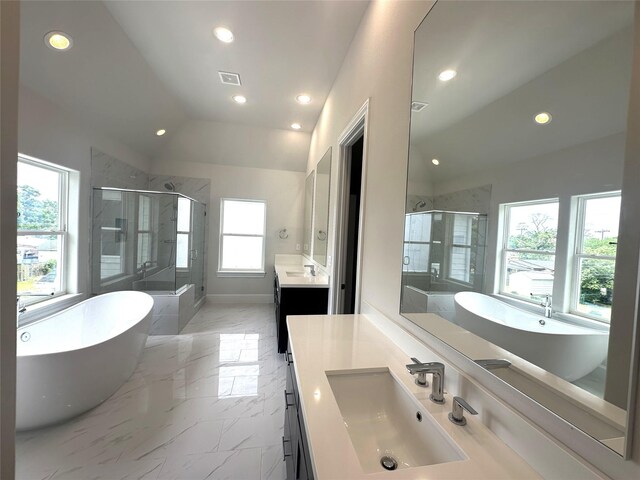 2620 Lake Kolbe Ln, Houston, TX 77080 - full bathroom featuring vanity, recessed lighting, a shower stall, marble tiled flooring, and lofted ceiling