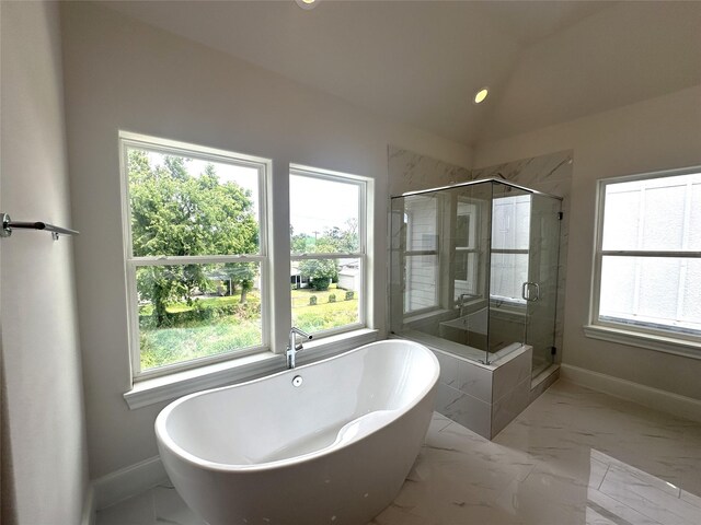 2620 Lake Kolbe Ln, Houston, TX 77080 - full bath with a freestanding bath, a stall shower, marble finish flooring, baseboards, and recessed lighting